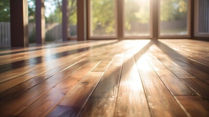 Close-up of hardwood flooring with sunlight shining through window