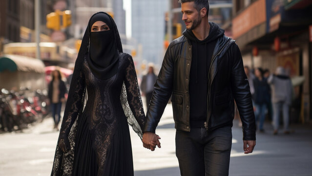 A white man and an Arab woman wearing a burka are walking down the street holding hands.