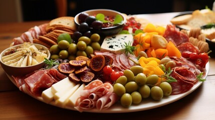 A platter of antipasto, featuring a variety of cured meats, cheeses, olives, and pickled vegetables.