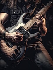 Fototapeta na wymiar Close-Up of Electric Guitarist's Hands in Intense Rock Music Performance