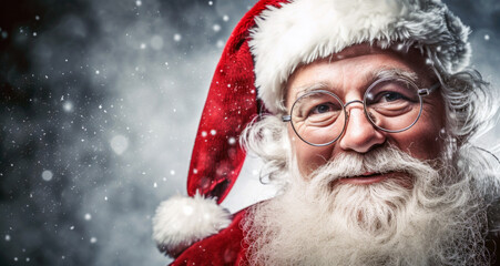 santa claus wearing glasses and hat looking at camera in snow with copy space. Christmas theme, sales, space for your holiday text.