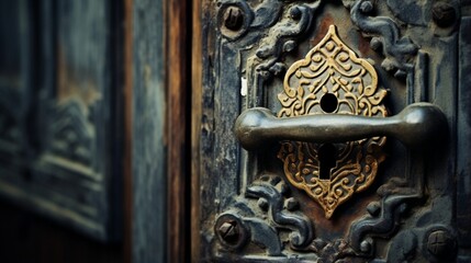 Close-up of vintage door handle and keyhole.