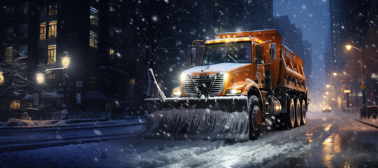 Snow plow truck clearing road after winter snowstorm or blizzard - obrazy, fototapety, plakaty