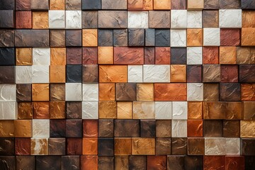 Polished textured square block wall made of 3D mosaic tiles. Generative AI
