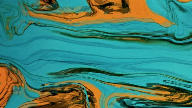 Animation of colorful liquid moving over and over on abstract background. Abstract liquid paint in turquoise, turquoise and orange.