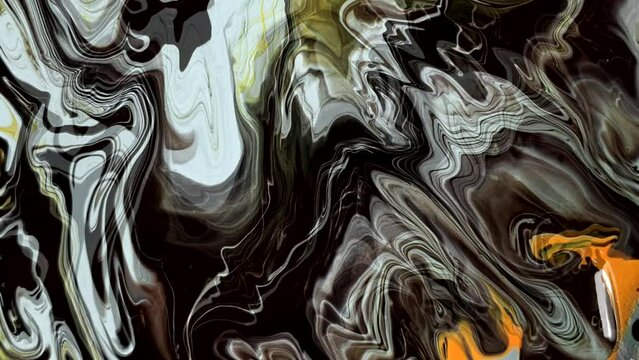 Animation of colorful liquid moving over and over on abstract background. Abstract liquid paint in black, gold and silver.