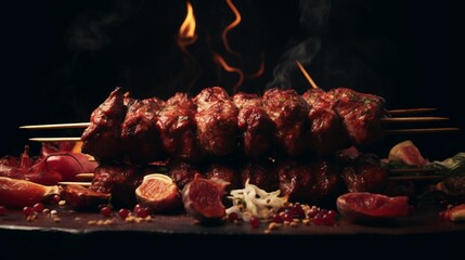 Meticulously crafted kebabs showcased on a deep burgundy background.