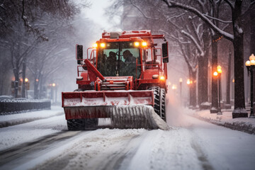 Snow plow truck clearing road after winter snowstorm or blizzard