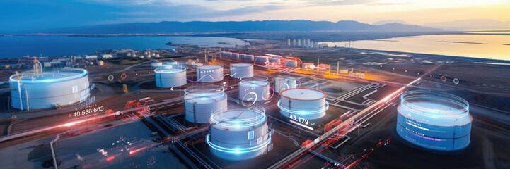 oil and gas power plant refinery with storage tanks facility for oil production or petrochemical factory infrastructure and demand price chart concepts as wide banner hologram hud datum data