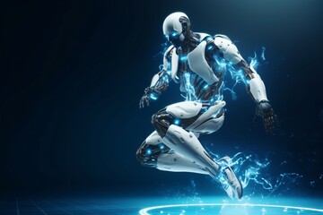 Robot humanoid on blue background. 3D rendering. Cyborg in a futuristic space.