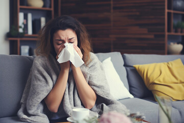Beautiful woman with flu  sneezes into a paper napkin - obrazy, fototapety, plakaty