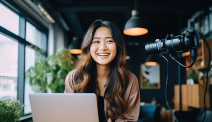 Asian Female Vlogger Employee Lifestyle Setting Generative AI - obrazy, fototapety, plakaty