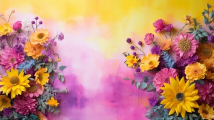 Craft a watercolor backdrop reminiscent of a vibrant summer garden with hues of sunflower yellow and blooming magenta.