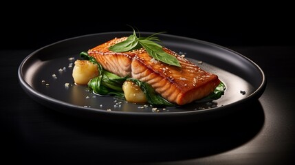 Miso glazed salmon with bok choy on a slate-gray plate. - obrazy, fototapety, plakaty