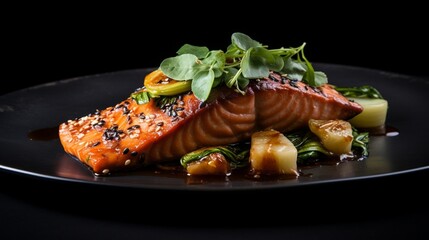 Miso glazed salmon with bok choy on a slate-gray plate. - obrazy, fototapety, plakaty