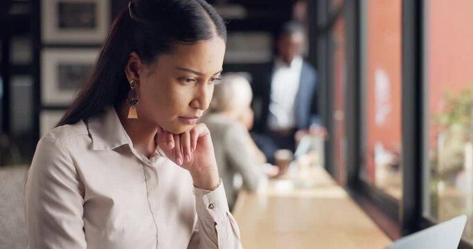 Coffee shop, business and thinking with woman, laptop and connection with problem solving, solution or internet. Cafe, employee or entrepreneur with a pc, startup or planning with website information