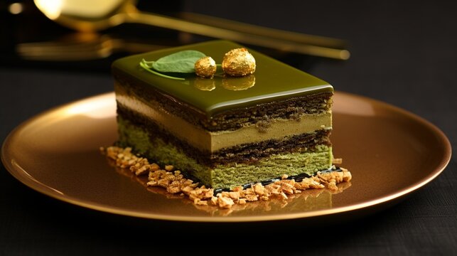 Layers of matcha green tea opera cake with gold leaf accents, displayed on a modern black and gold dessert plate.