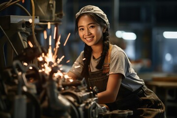 Fototapeta na wymiar Asian Female Welder Job Lifestyle Concept Generative AI