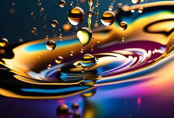 Naklejka na ściany i meble Beautiful drops and splashes of oil on the surface of the water with bright colors in the background,