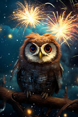 Happy owl celebrating new year eve with sparklers and fireworks, Generative AI
