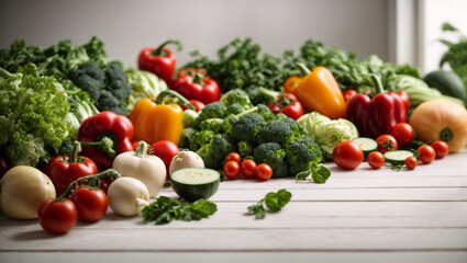 vegetables over white wooden table background. Backdrop with copy space. Top View