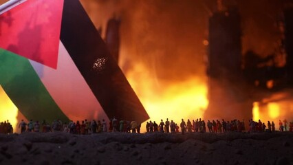 Conflict between Israel and Palestine concept. Burning and destroyed city by war. Concept of crisis of war creative decoration. Selective focus