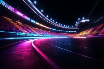 Fototapeta na wymiar Vibrant stadium with flashy neon lights conveying sport, competition, victory, action, and motion. Generative AI