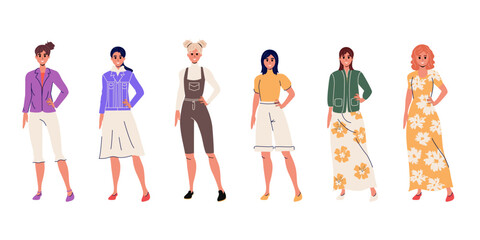 Set of Girls in flat style in different clothes. Vector stock illustration. Character. Isolated. White background. Woman. Human. Emotions. Graphic design. Person. Face and hand. 