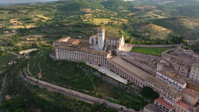 Aerial view of Assisi medieval town, Basilica of St. Francis, in the province of Perugia, in the Umbria region of Italy