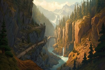 Artwork depicting a ravine, waterway, precipice, and cascades. Generative AI - obrazy, fototapety, plakaty