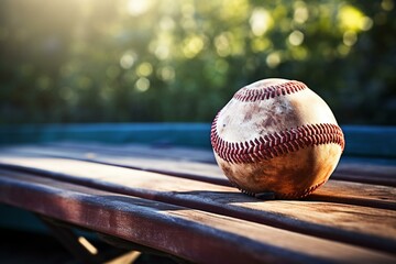 A baseball glove on a bench next to a baseball with a blurred background. Generative AI - obrazy, fototapety, plakaty