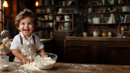 S&uuml;&szlig;es kleines Kind als Koch hilt in der K&uuml;che beim kochen und lacht im Querformat als Banner, ai genrativ