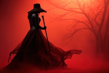 A mysterious witch clad in a floor-length red dress with black hat and broom, she exudes an aura of power and darkness. Red foggy background enhances the dramatic effect. Generative AI