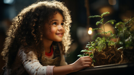 Young smiling little girl with curly hair enjoying her childhood in portrait with plants