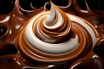 Delicious caramel-chocolate swirl with milk and caramel sauce. Creamy and tempting 3D design. Generative AI - obrazy, fototapety, plakaty