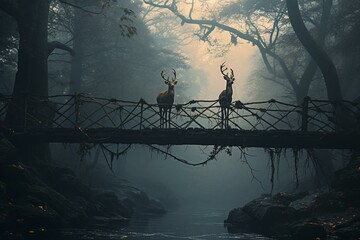 Deer on tree bridge in foggy forest. Generative AI