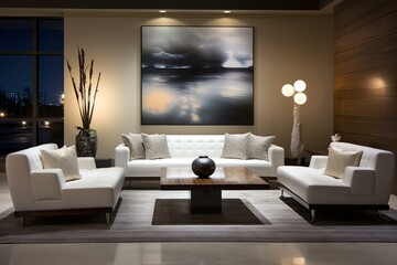 Contemporary lounge featuring comfortable seating, sleek design, minimalistic colors, and diverse textures. Generative AI