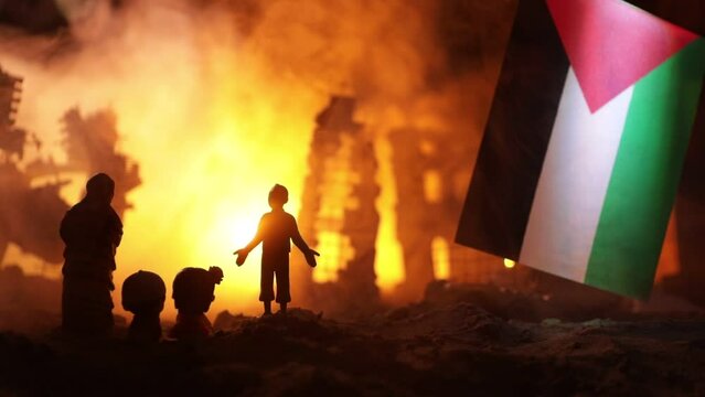 Conflict between Israel and Palestine concept. Burning and destroyed city by war. Concept of crisis of war creative decoration. Selective focus