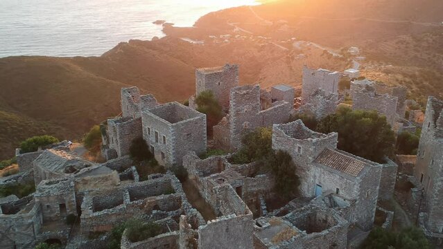 Aerial view of Vathia village against a Dramatic sunset sky. Vathia, Mani, Laconia, Peloponnese, Greece