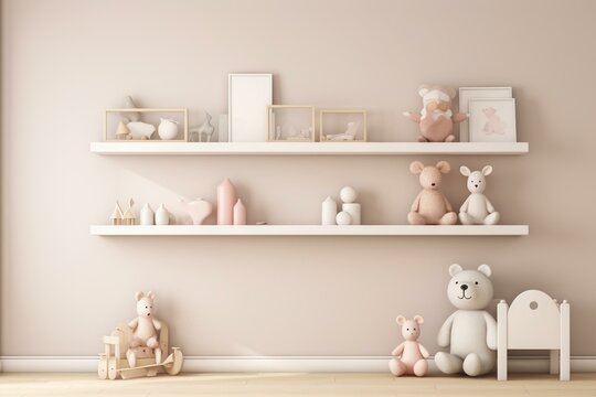 Blank Baby Room Wall Template With Shelf, Toys, And Room For Decals, Stickers, Prints, Or Posters. Generative AI