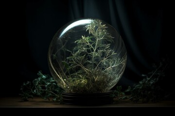 unique enchanted orb with sprouting foliage against dark backdrop. Generative AI