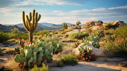 Poster Desert landscape featuring native shrubs and cacti. © UMR
