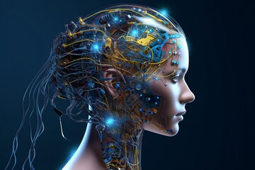 Obraz premium Cyborg female. Cyborg head. Cybernetic organism. Mechanical robot. Future technologies. Artificial intelligence.