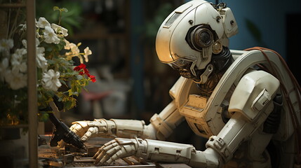 Robot works on the machine - AI Generated