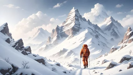 Foto op Plexiglas K2 Man Climbing on Snow Covered Mountains