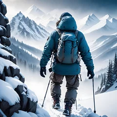 Papier Peint photo autocollant K2 Man Climbing on Snow Covered Mountains