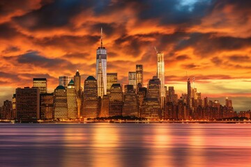 The iconic New York City skyline glows during sunset, as lights from towering buildings shimmer on the Hudson River. Generative AI