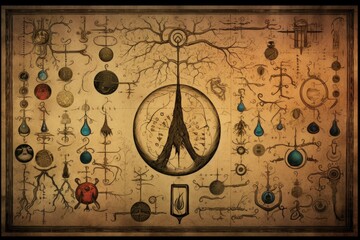 Symbols of alchemy and magic on ancient scrolls 