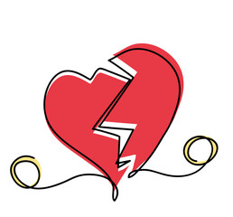 One line drawing of broken heart and wedding rings.
One continuous line drawing of divorce concept.