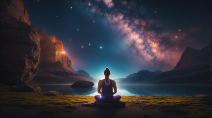 Person meditating in yoga pose seated in a serene cosmic landscape, fostering a deep connection with the universe and the tranquility it offers. - obrazy, fototapety, plakaty